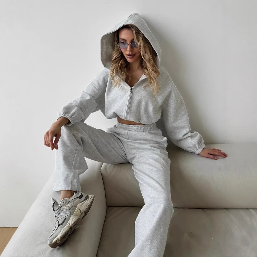 Women's Cotton Zip-Up Hoodie and Wide-Leg Pants Two-Piece Set