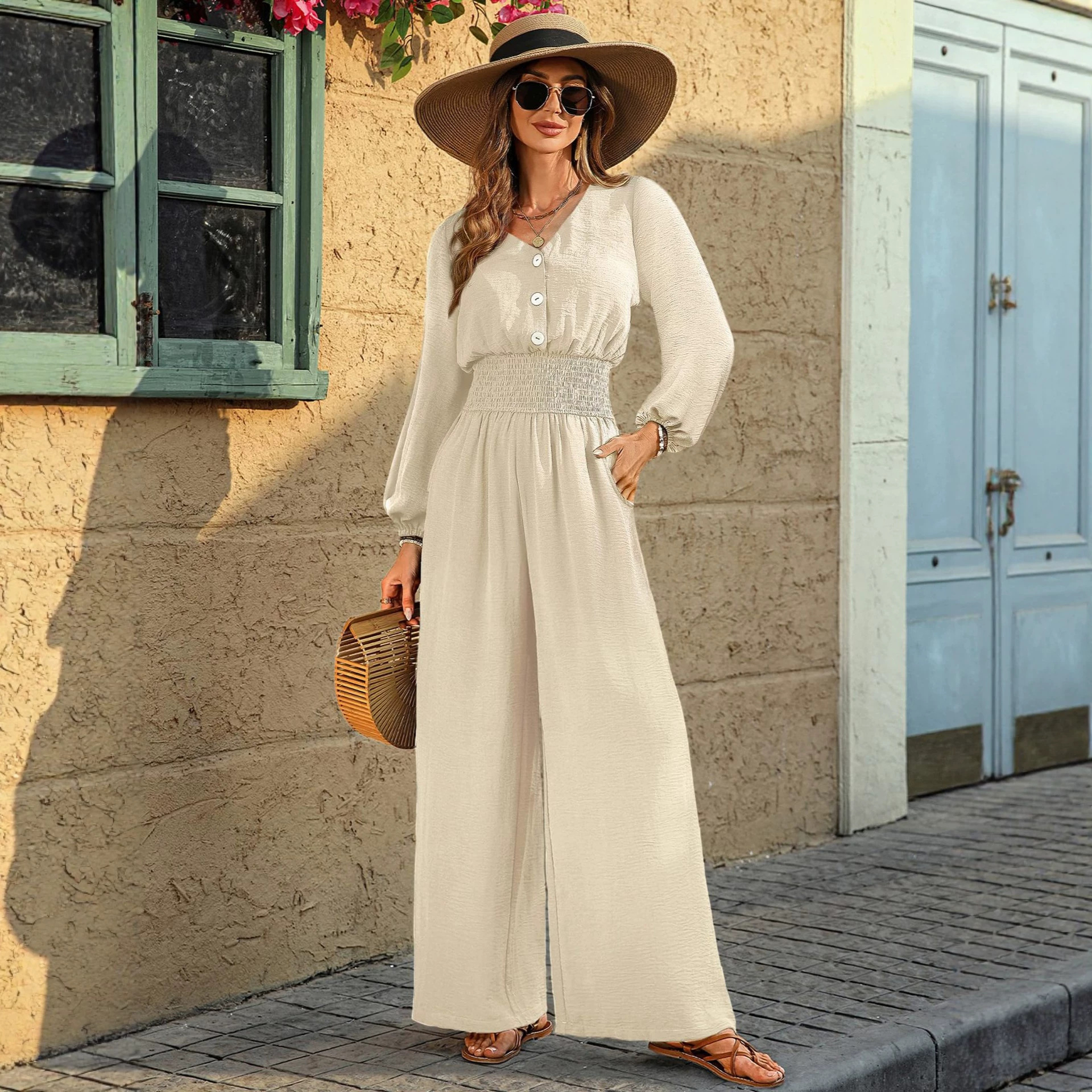 Women's Elegant Wide-Leg Jumpsuit with V-Neck and Buttons
