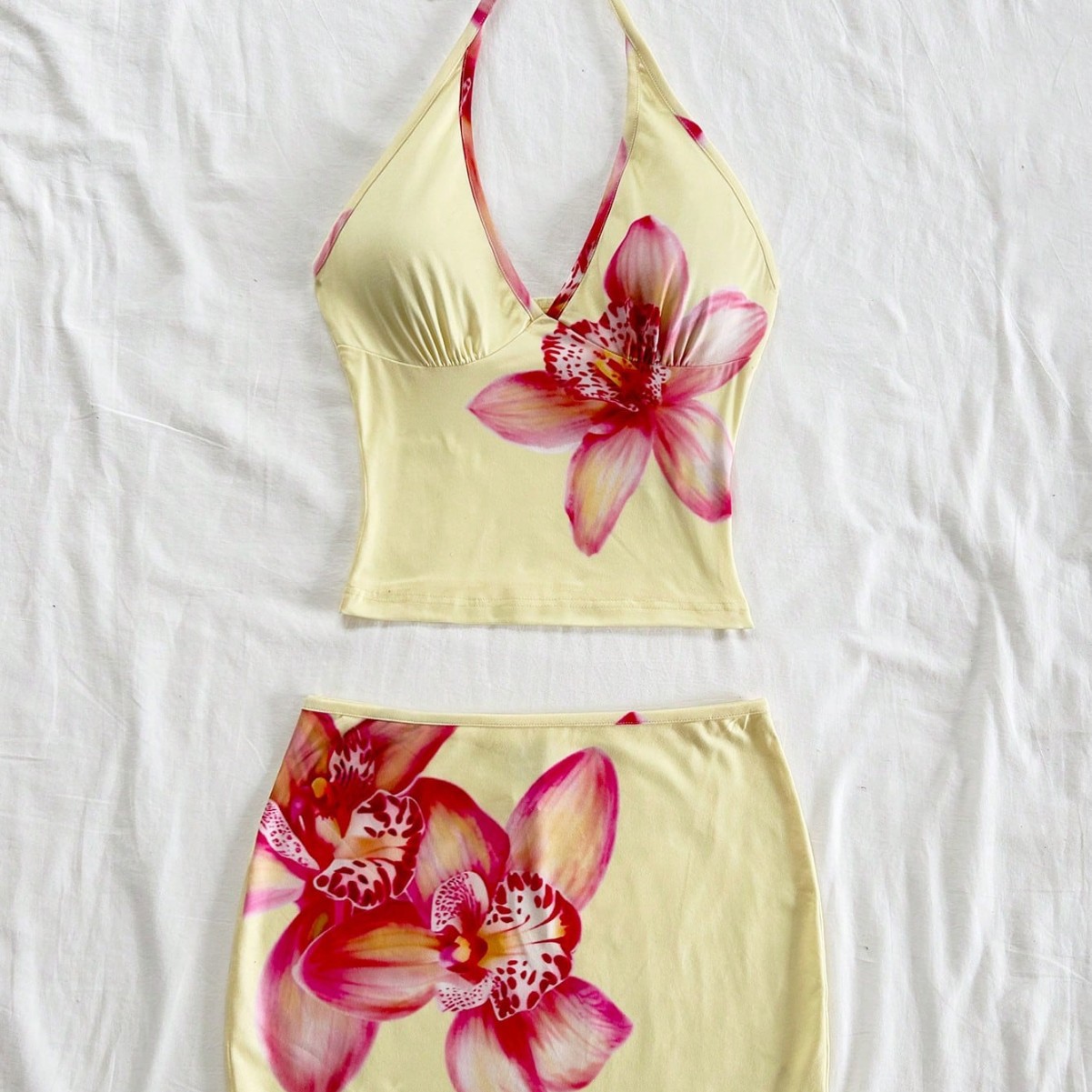 Floral Tie-Front V-Neck Cami Bodycon Two-Piece Skirt Set