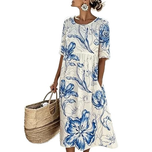 Women's Floral Print Midi Dress with Pockets