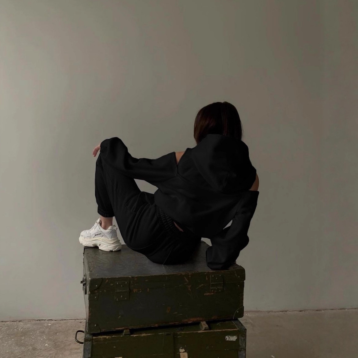 Solid Color Hooded Pullover Sweatsuit with Cold Shoulder Cutouts