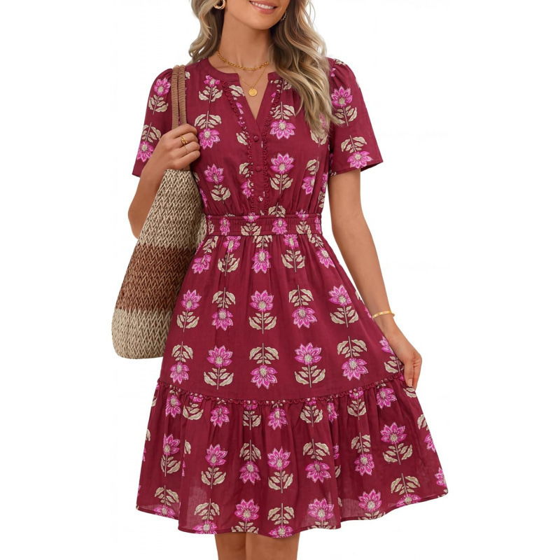 Women's Floral A-Line Short Sleeve V-Neck Midi Dress