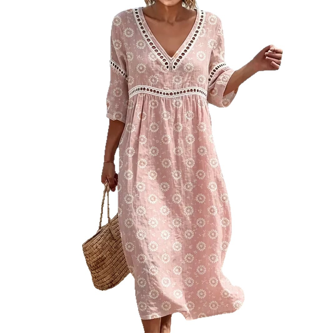 Women's Floral Polka Dot Print Pleated Midi Dress