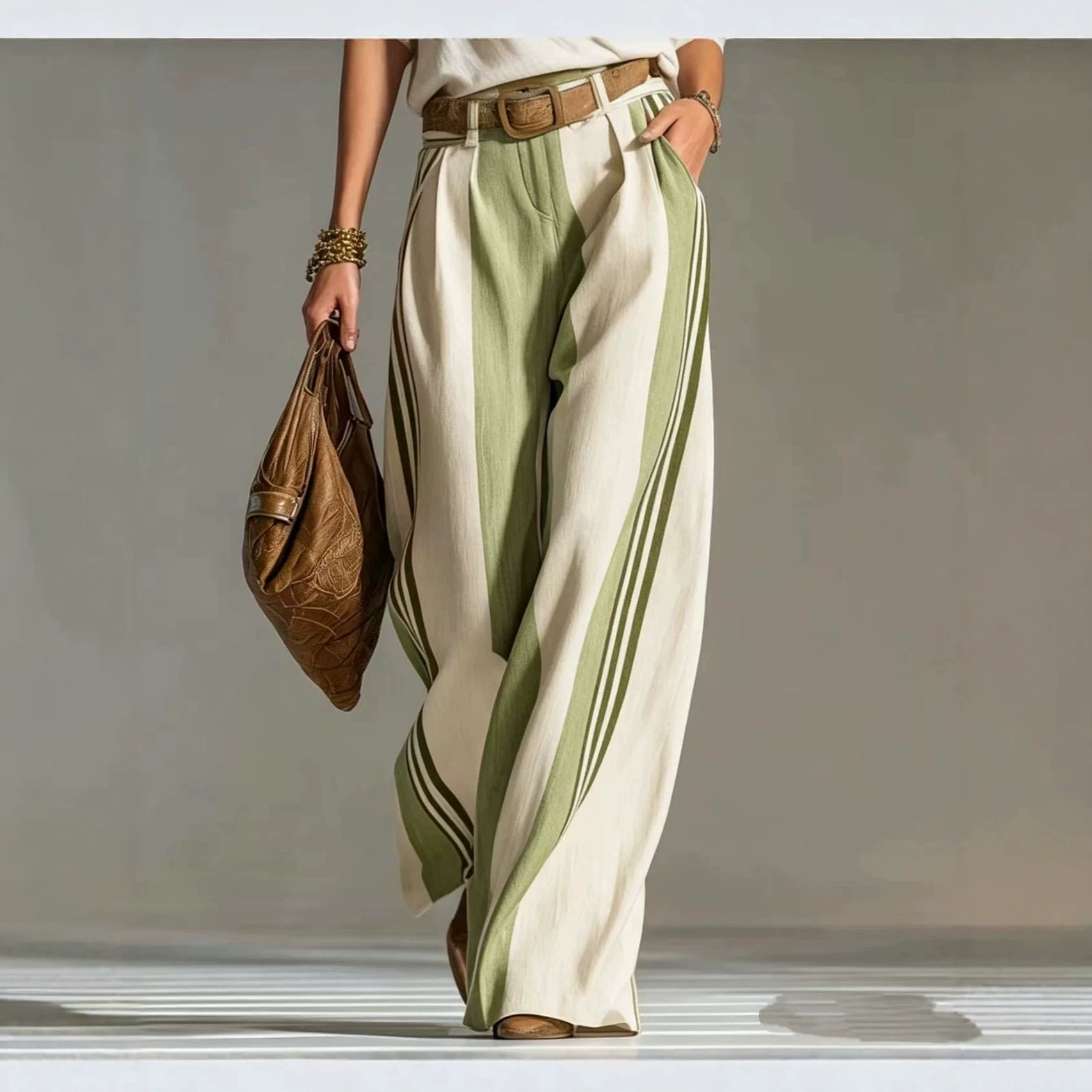 Retro Color-Block Striped Wide-Leg High-Waist Pleated Straight Pants