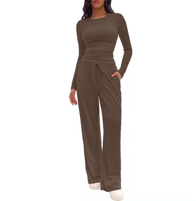 Solid Color Long Sleeve Top & High-Waist Wide-Leg Pants Set