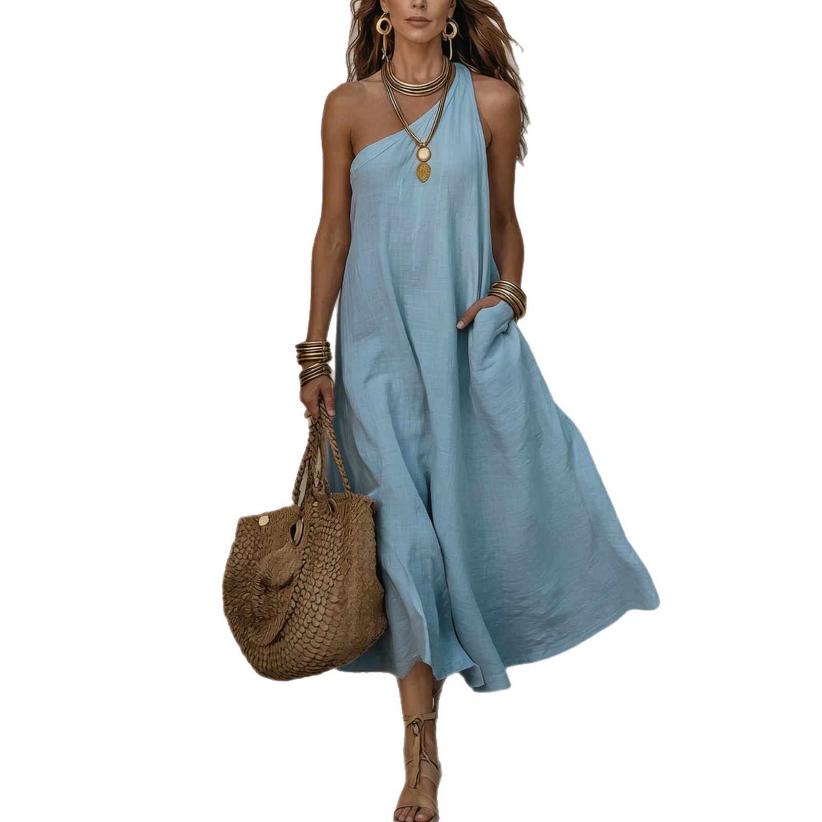 Women's One-Shoulder Solid Color Sleeveless Maxi Dress