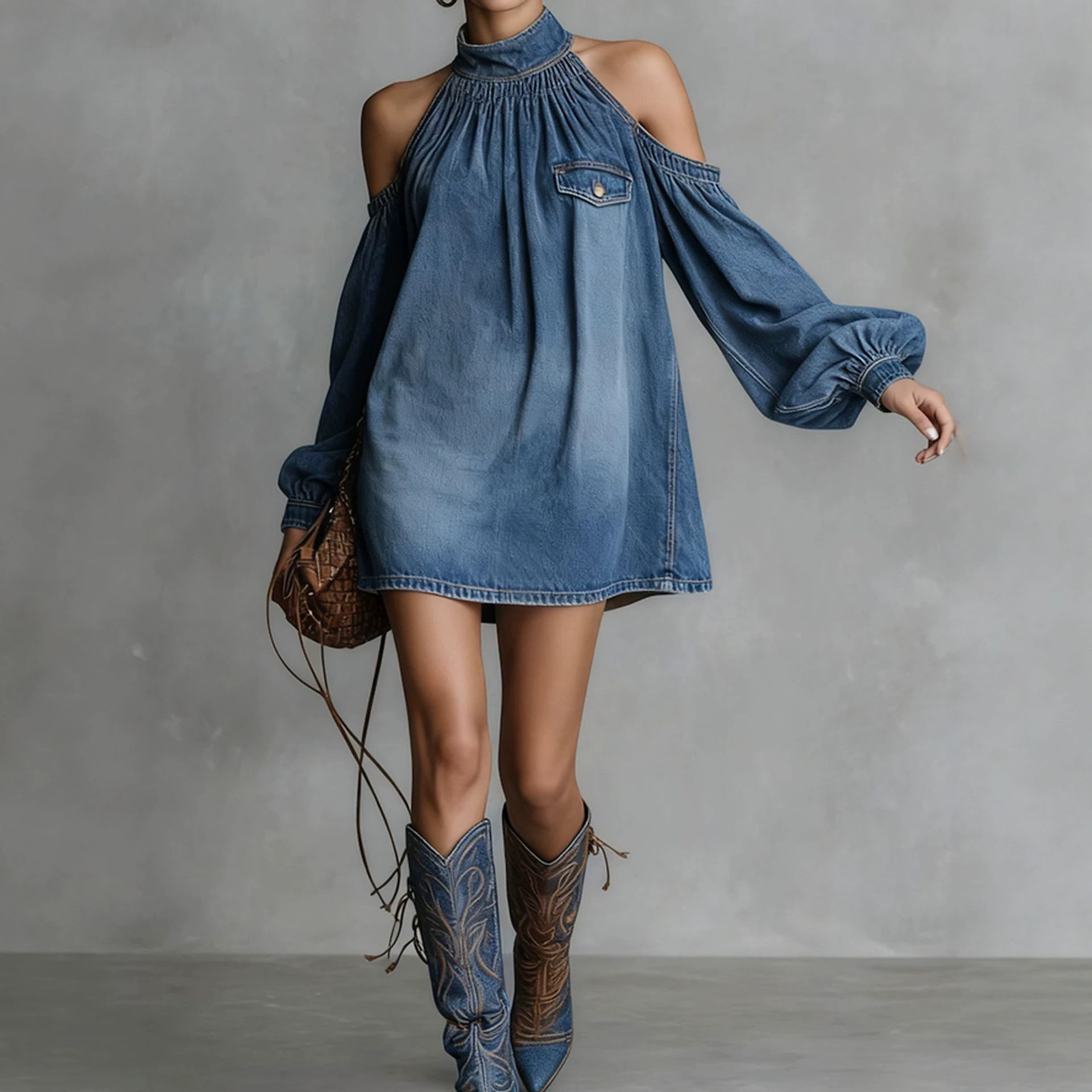 Faux Suede Halter Mini Dress with Lantern Sleeves and Cold-Shoulder