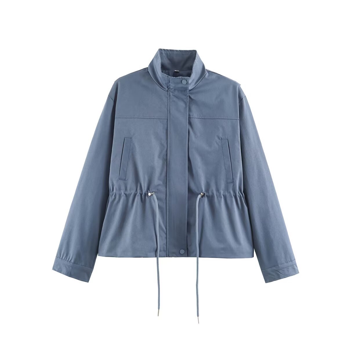 Women's Drawstring Waist Stand Collar Zip Jacket Casual Loose Fit