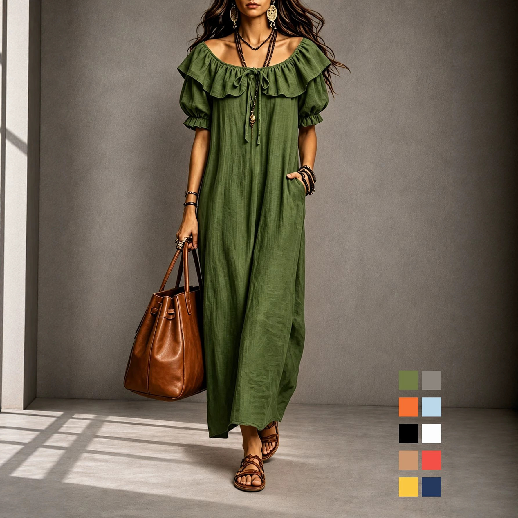 Ruffled Crew Neck A-Line Midi Dress for Beach Vacation