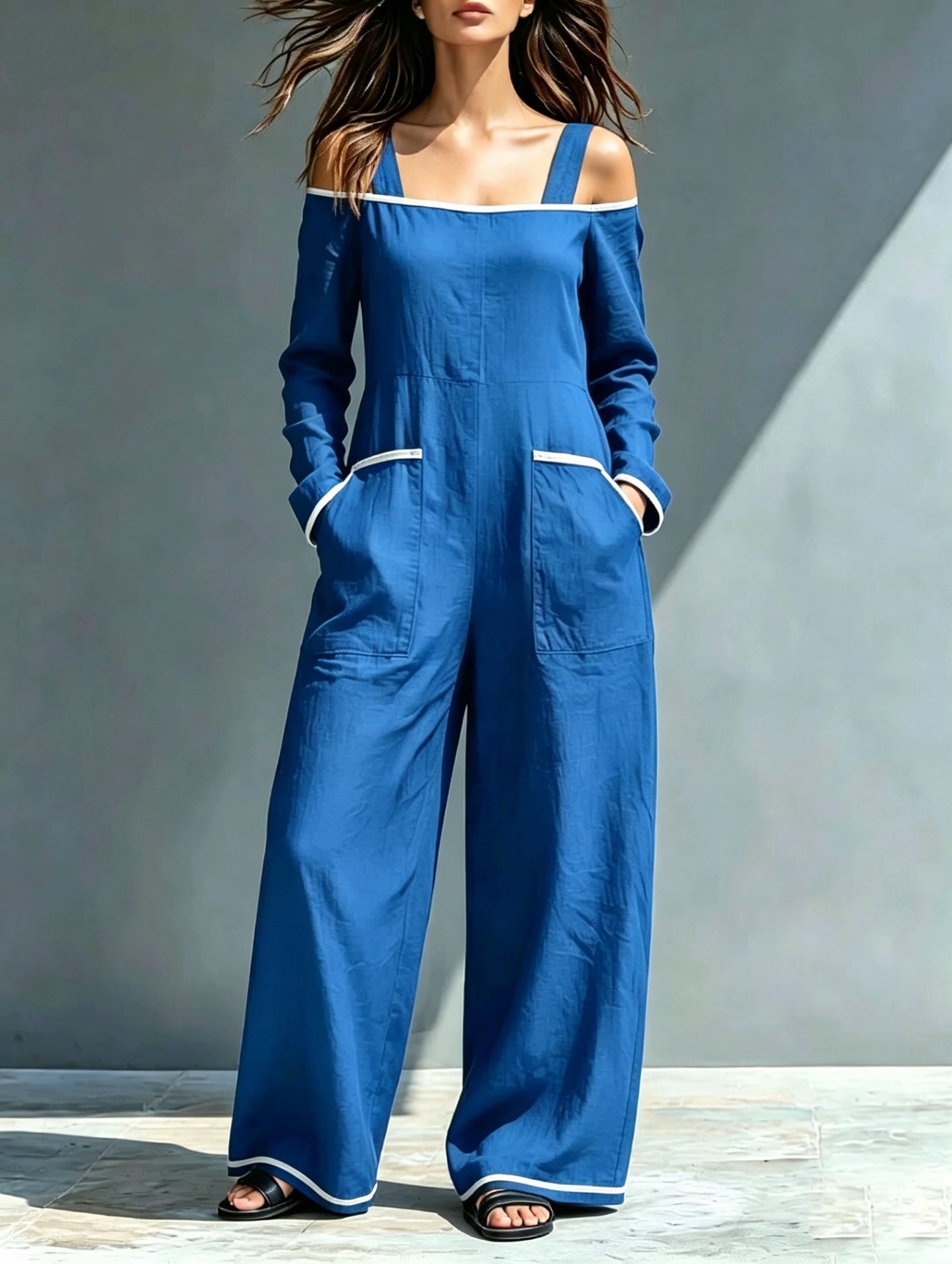 Off-Shoulder Colorblock Wide-Leg Jumpsuit with Pockets