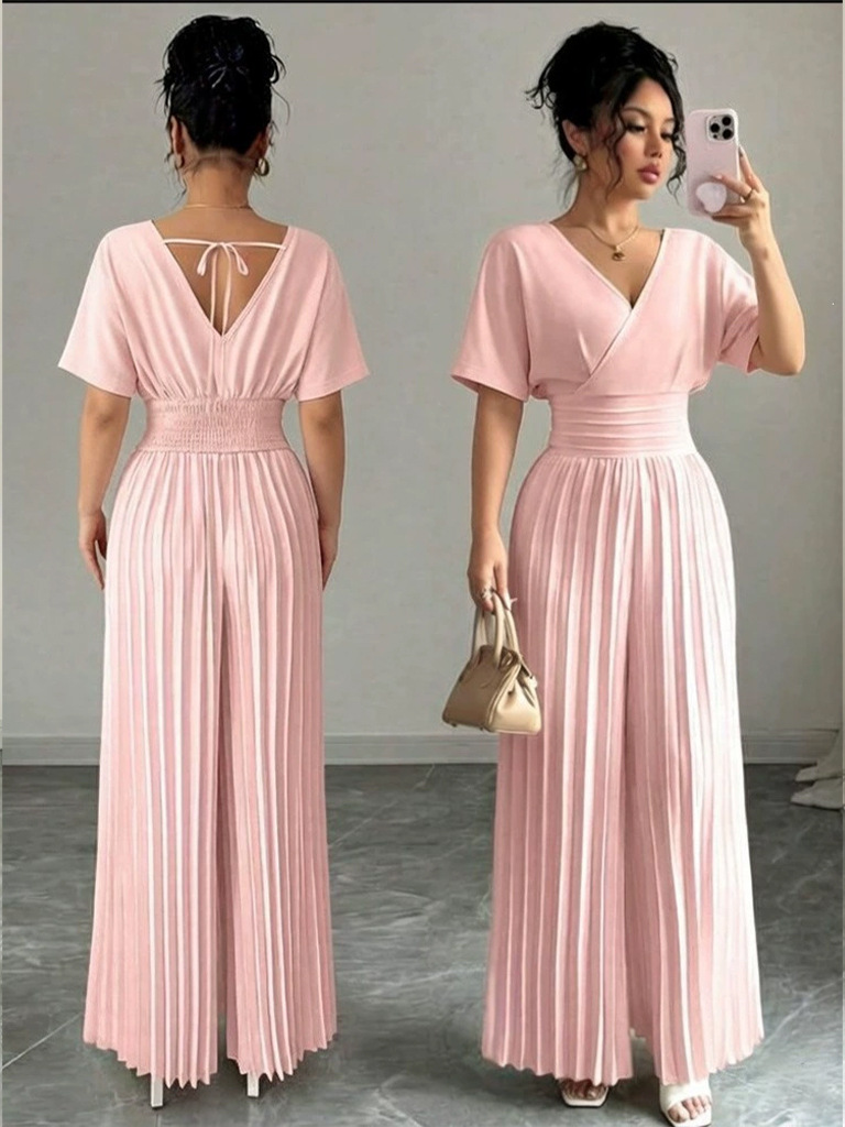 Elegant Solid V-Neck Pleated Waist-Defining Wide-Leg Jumpsuit
