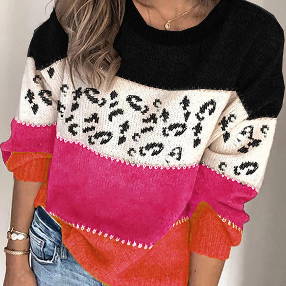 Leopard Print Patchwork Knit Pullover Sweater