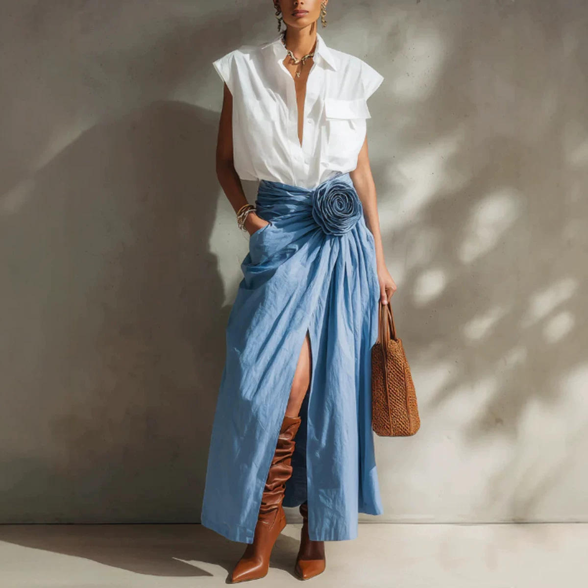 Polo Collar Cotton-Linen Shirt and Skirt Two-Piece Set