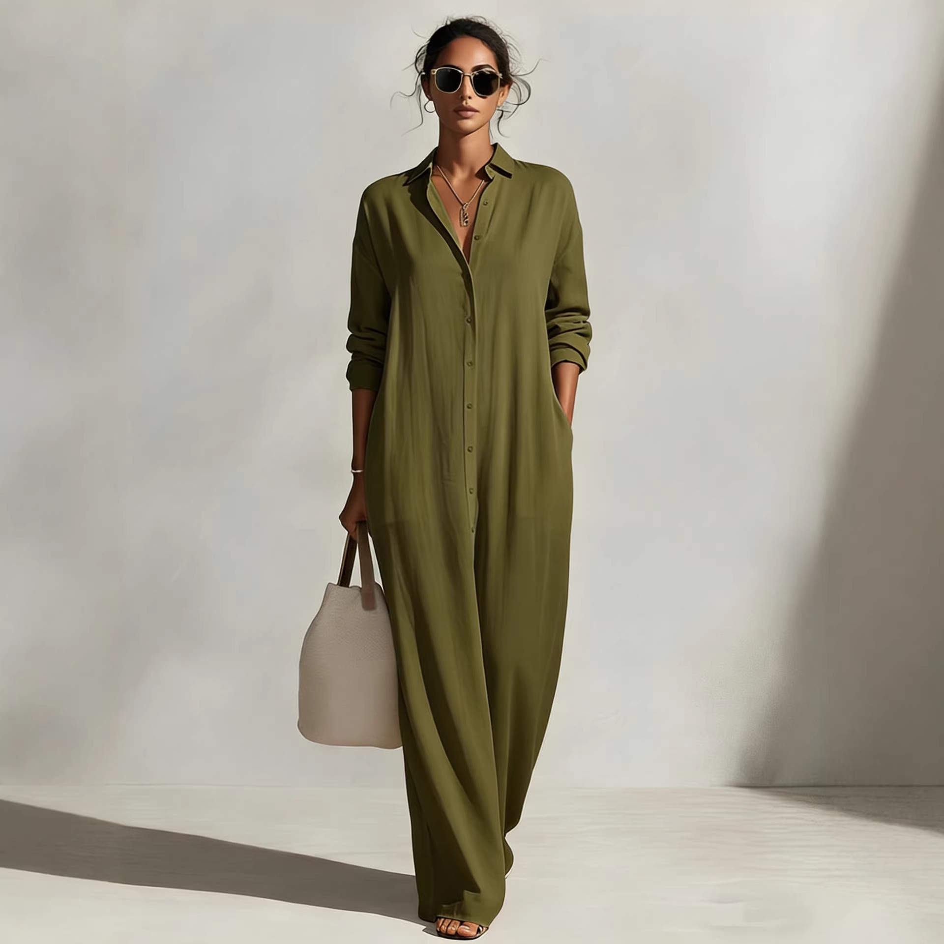 Women's Long Sleeve Polo Neck Shirt Dress Casual Solid Color Long Dress