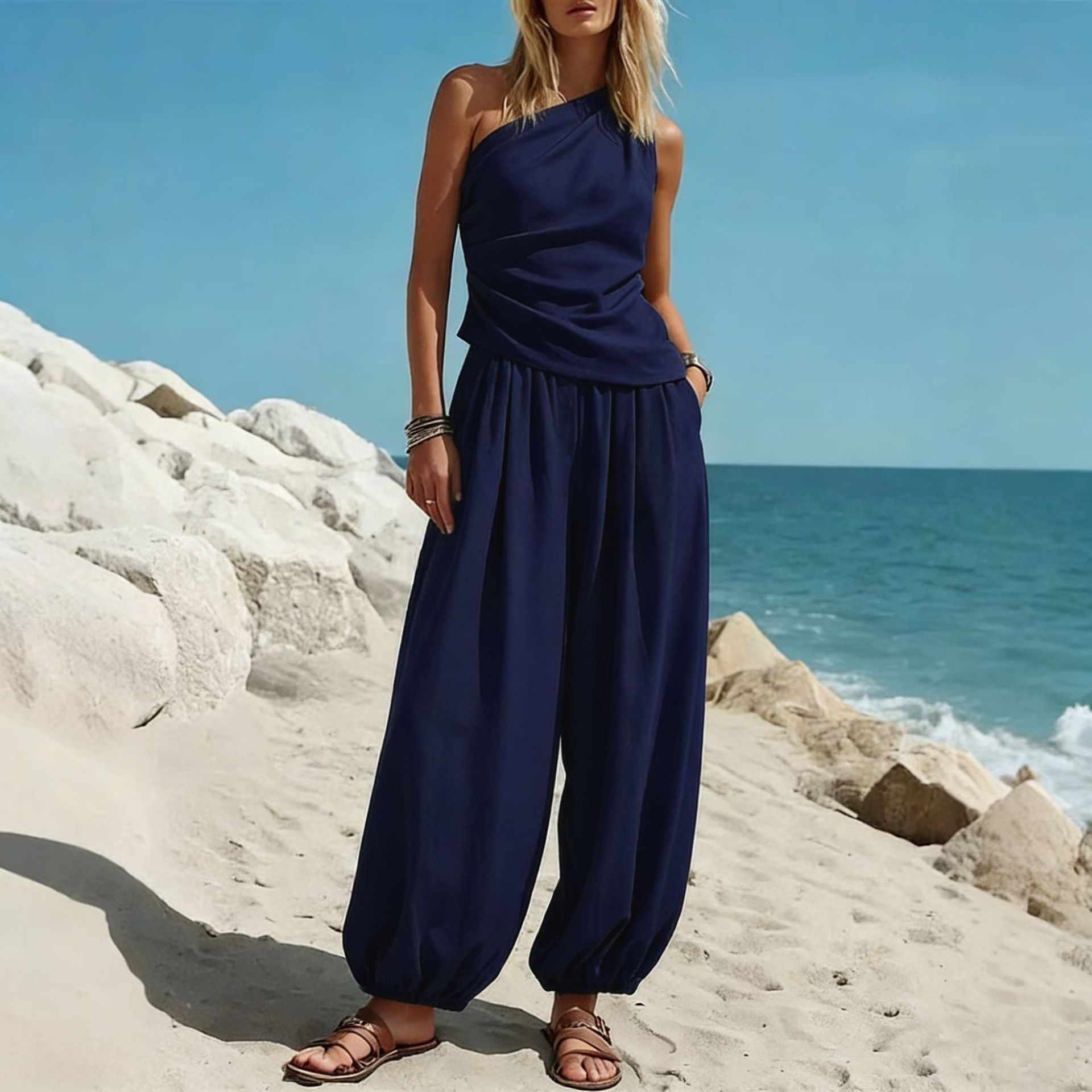 Women's Sleeveless Tank Top and High-Waist Pants Set Solid Color Casual