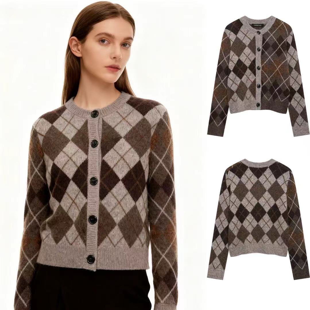 Women's Argyle Knit Cardigan Sweater Long Sleeve Crew Neck