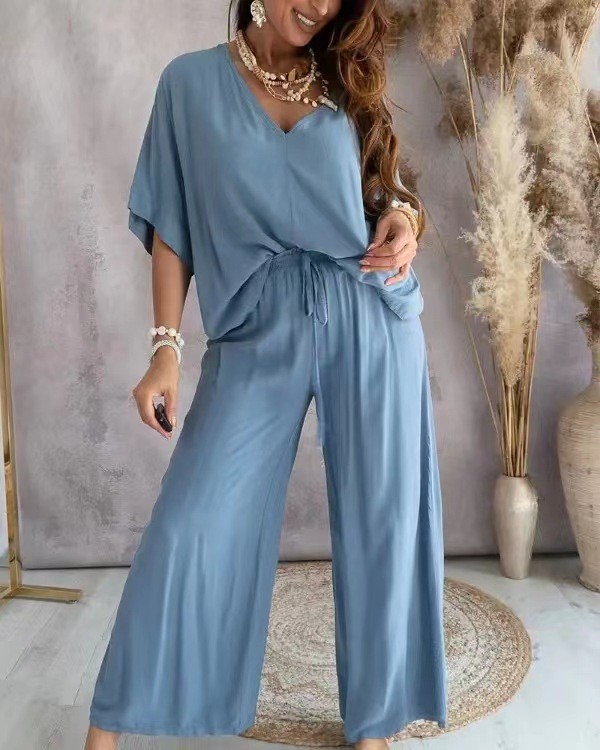 V-Neck Batwing Sleeve Wide-Leg Pants Set Women Casual Loose Two-Piece