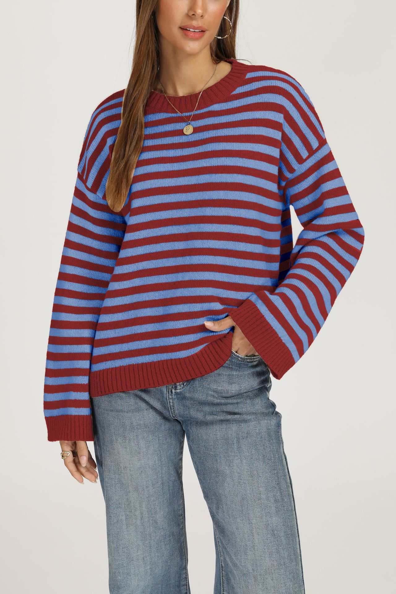 Striped Knit Pullover Sweater, Loose Fit Crew Neck Long Sleeve