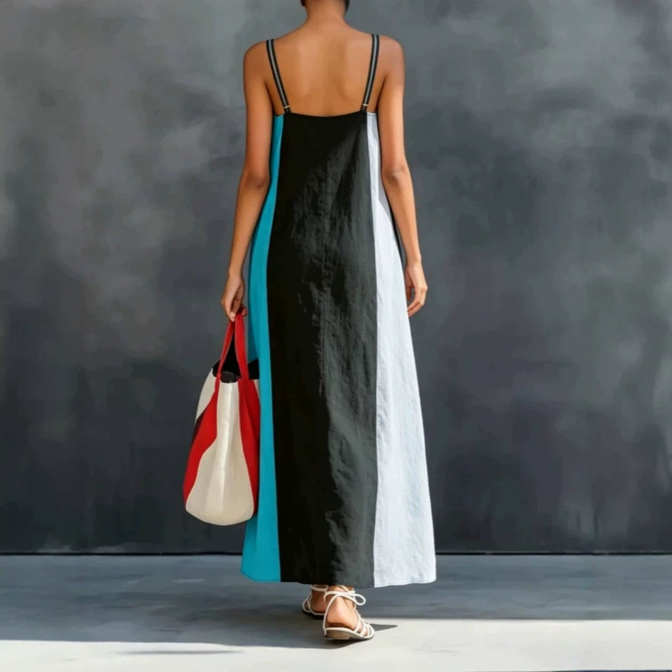 Women's Sleeveless Spaghetti Strap Dress Casual Vacation Color Block Long Dress