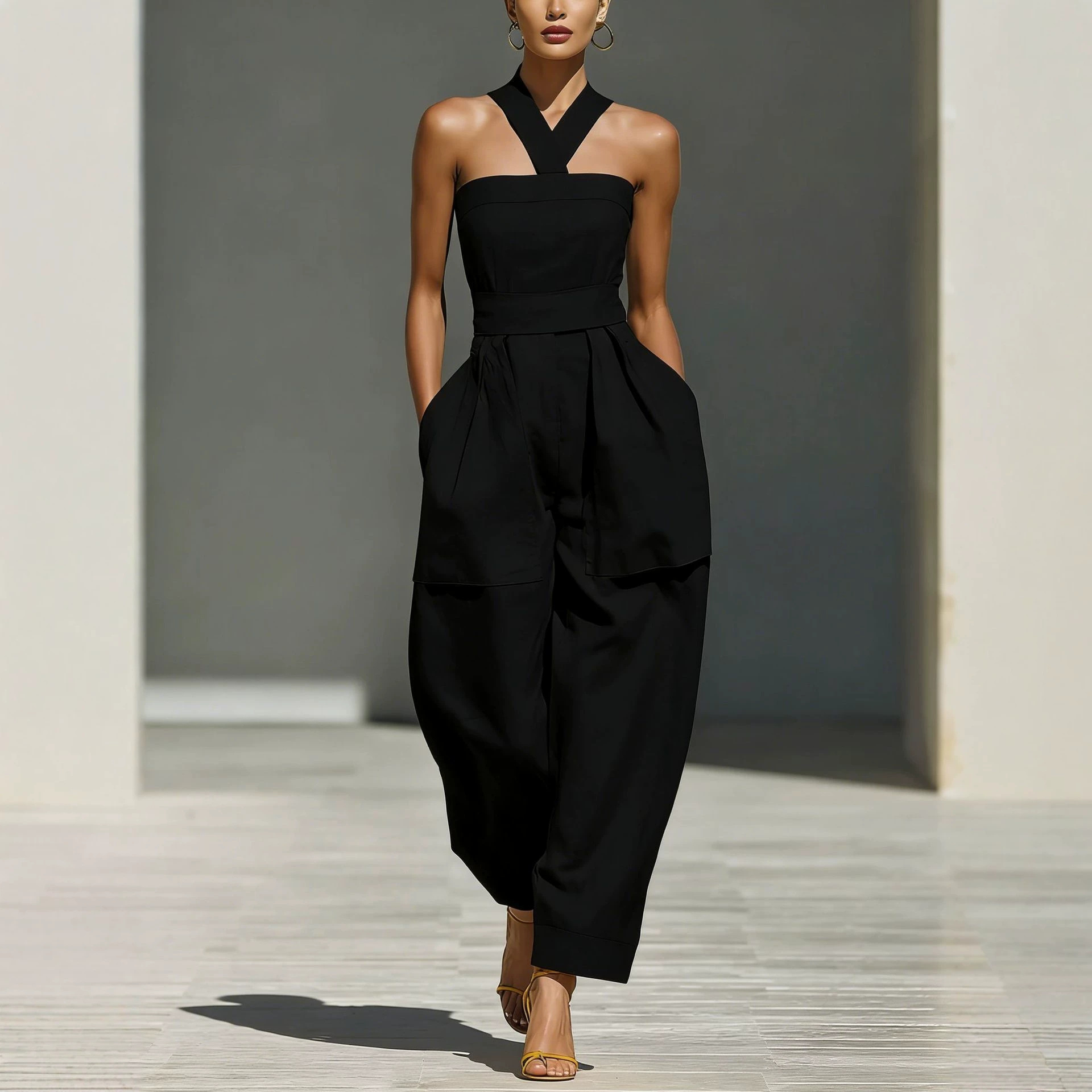 Linen-Blend Cross Halter Neck Loose Women's Jumpsuit