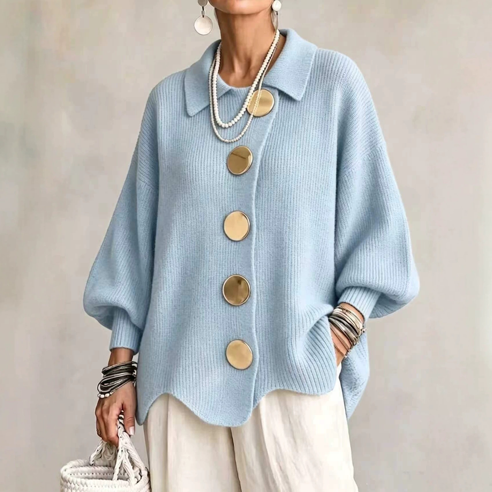 Button-Front Knit Collared Cardigan Sweater Coat