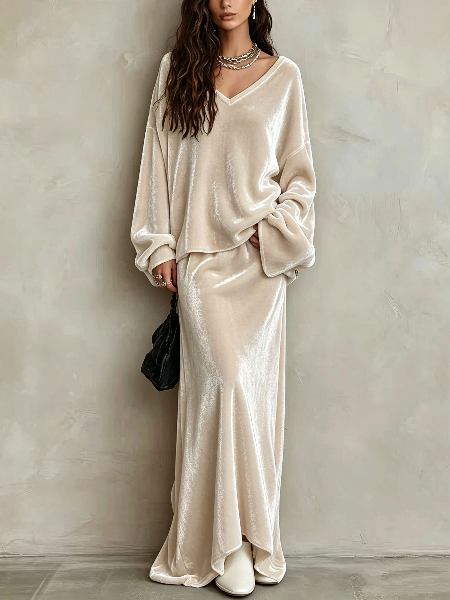 Solid Velvet V-Neck Long Sleeve Women's Skirt Set
