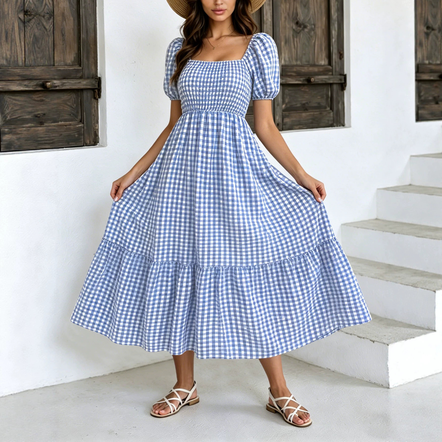French Cottage Vichy Gingham Puff Sleeve Square Neck High Waist Tiered Midi Dress