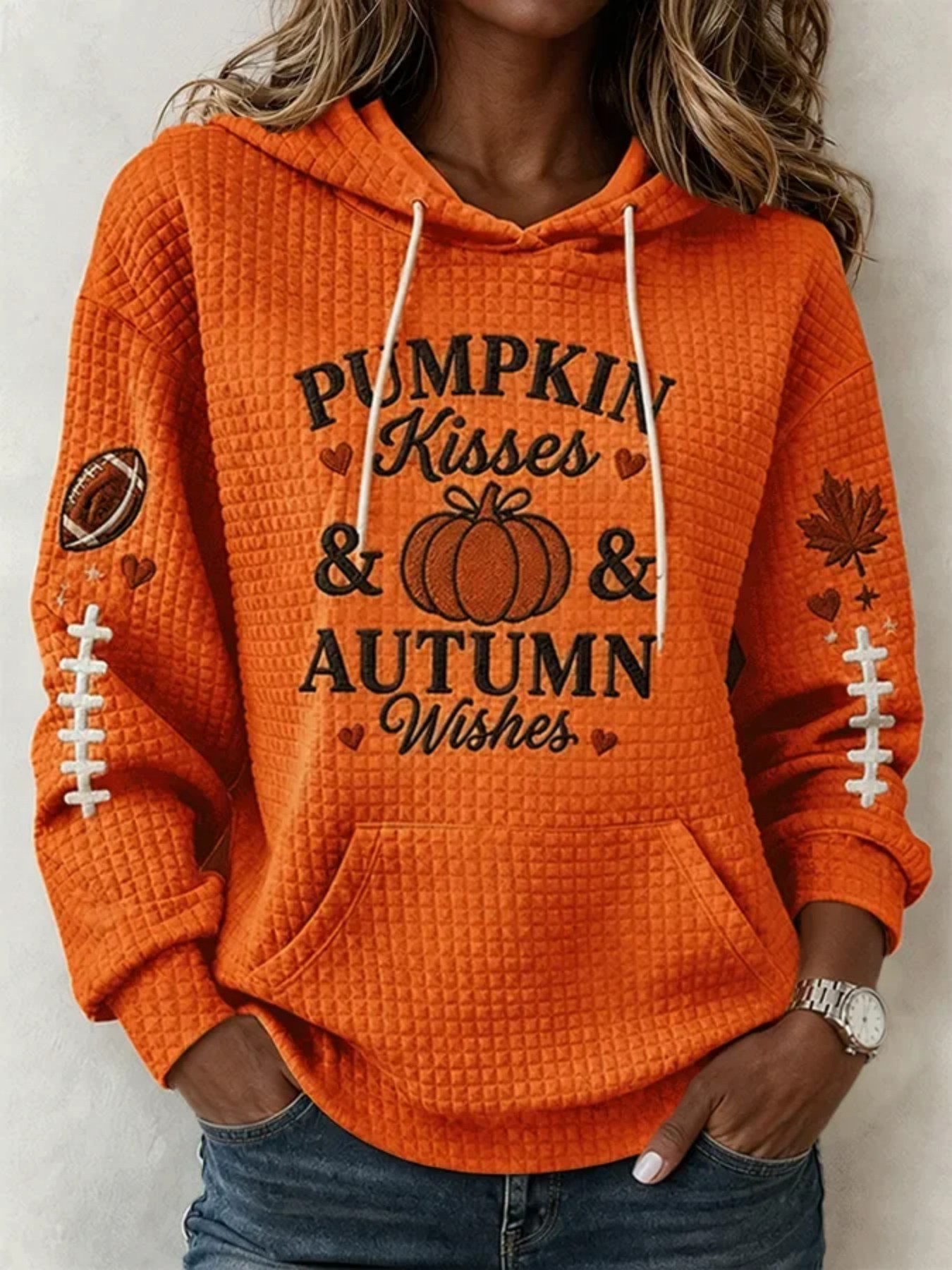 Pumpkin Football Waffle Knit Loose Fit Hoodie Women's Top