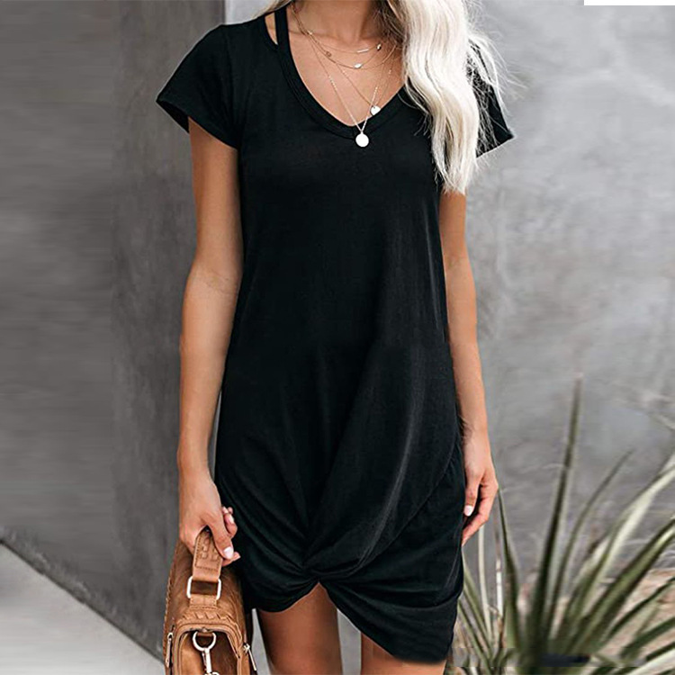 Women's V-Neck Short Sleeve Knotted T-Shirt Dress Solid Color Asymmetrical Hem