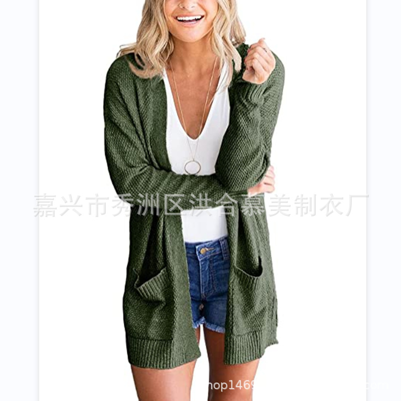 Women's Loose Knit Cardigan Solid Color Pocket Midi Sweater Coat