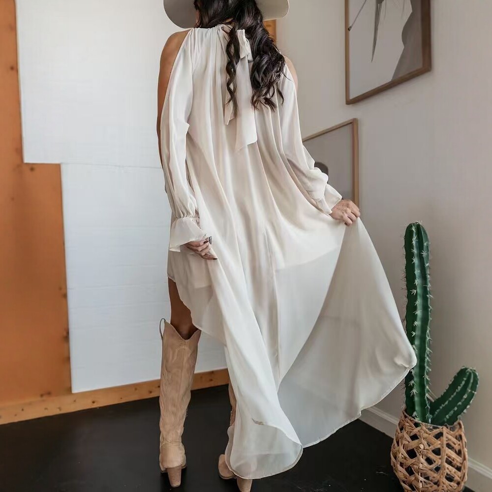 High Neck Irregular Chiffon Dress Long Sleeve Tie Flowy Maxi