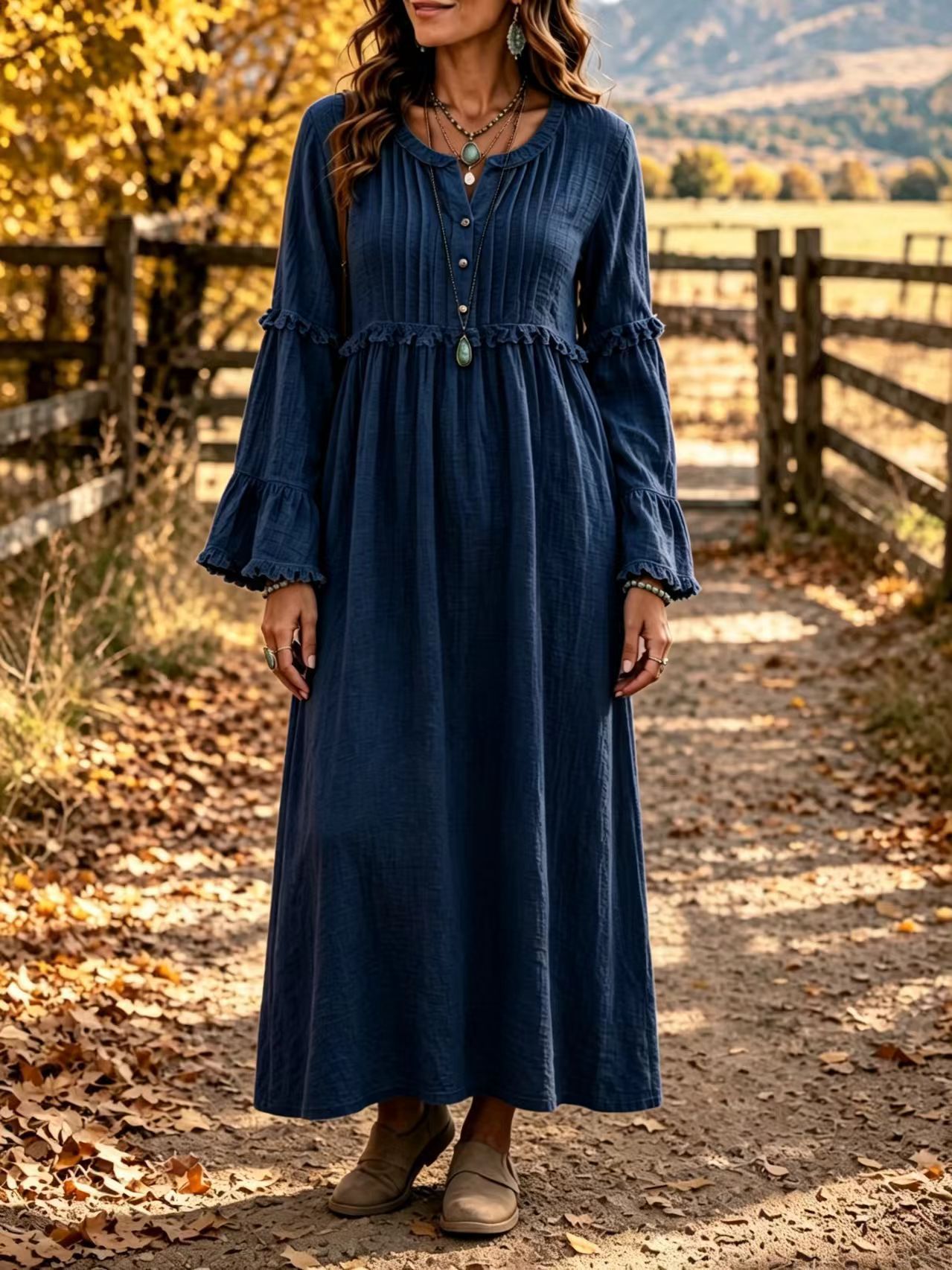 Lace Trim Fringe Button Loose Casual Dress