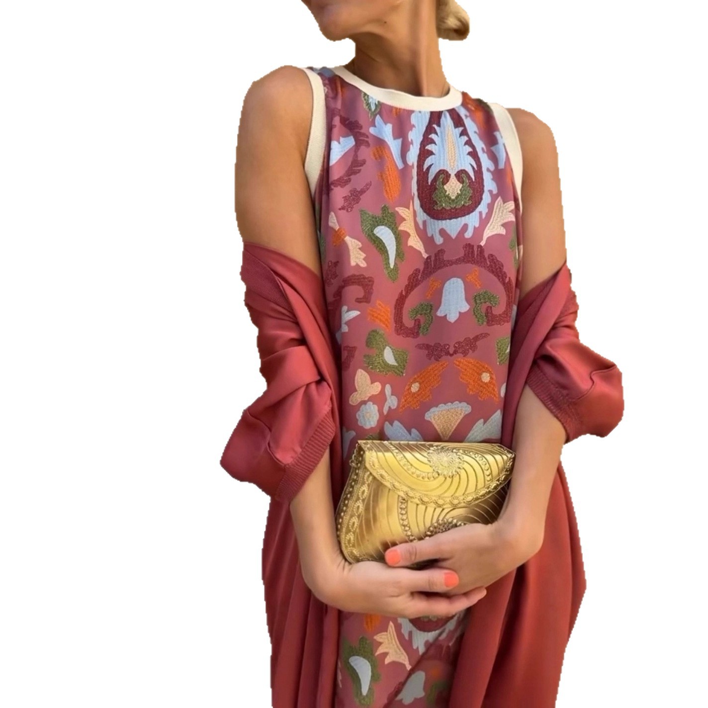 Elegant Two-Piece Midi Dress Set with Cape, Round Neck Tank, A-Line