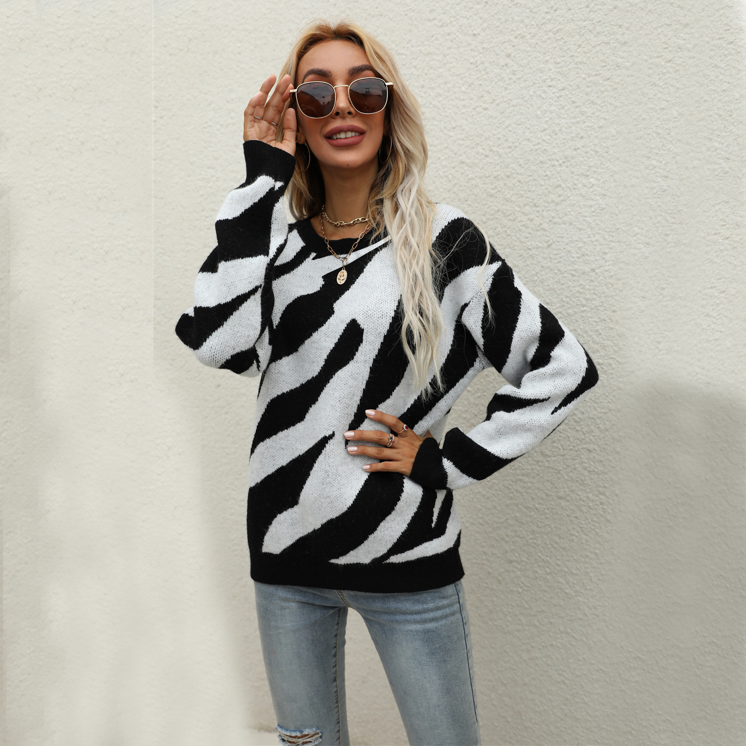 Striped Knit Pullover Sweater with Round Neck, Plus Size
