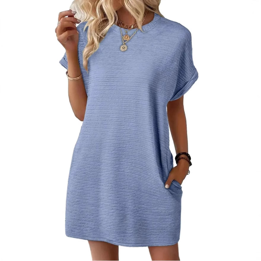 Women's Loose Crewneck Pocket Solid Short Sleeve Dress