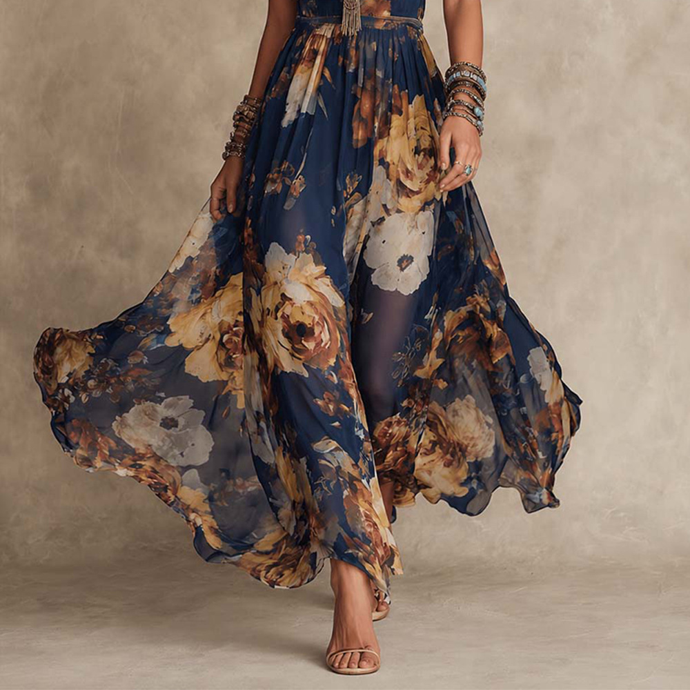 Women's Floral Print Ruched Sleeveless V-Neck Maxi Dress