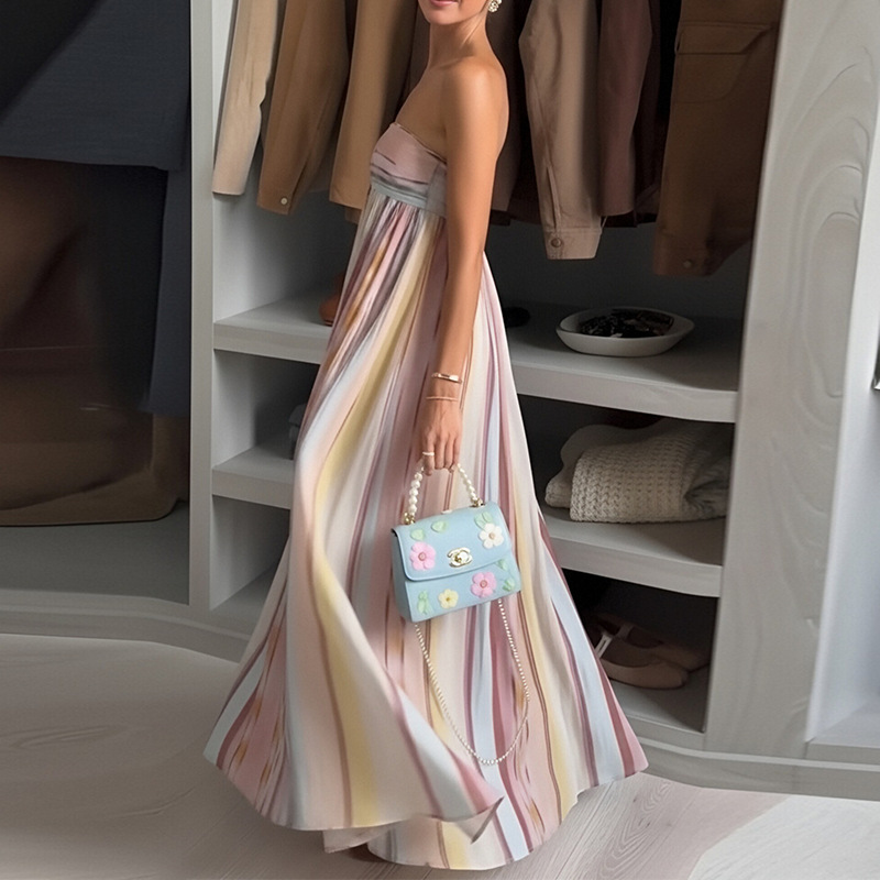 Elegant Colorblock Strapless Backless Long Dress