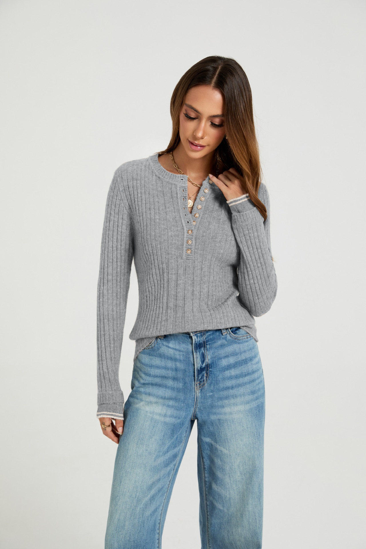 Women's Ribbed Knit Button-Front Crewneck Long-Sleeve Slim Sweater