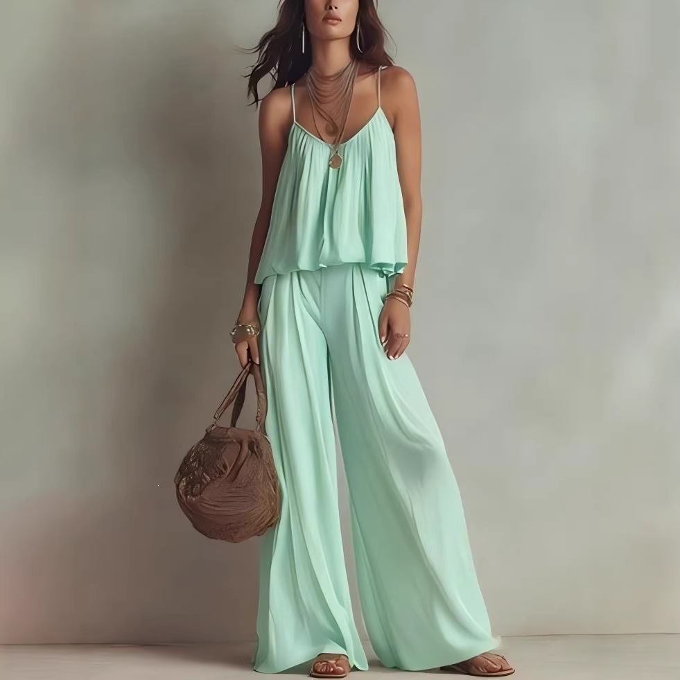 French Square-Neck Cami & Wide-Leg Pants Two-Piece Set
