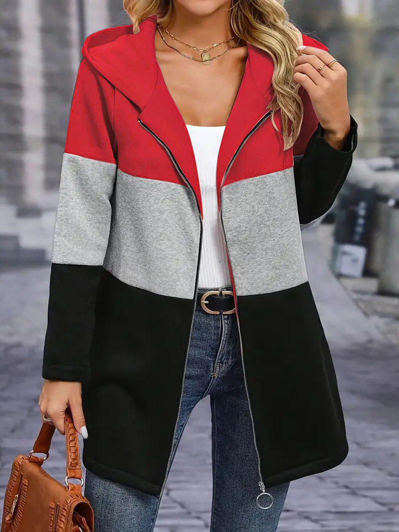Women's Casual Loose Color-Block Three-Tone Hooded Zip Jacket