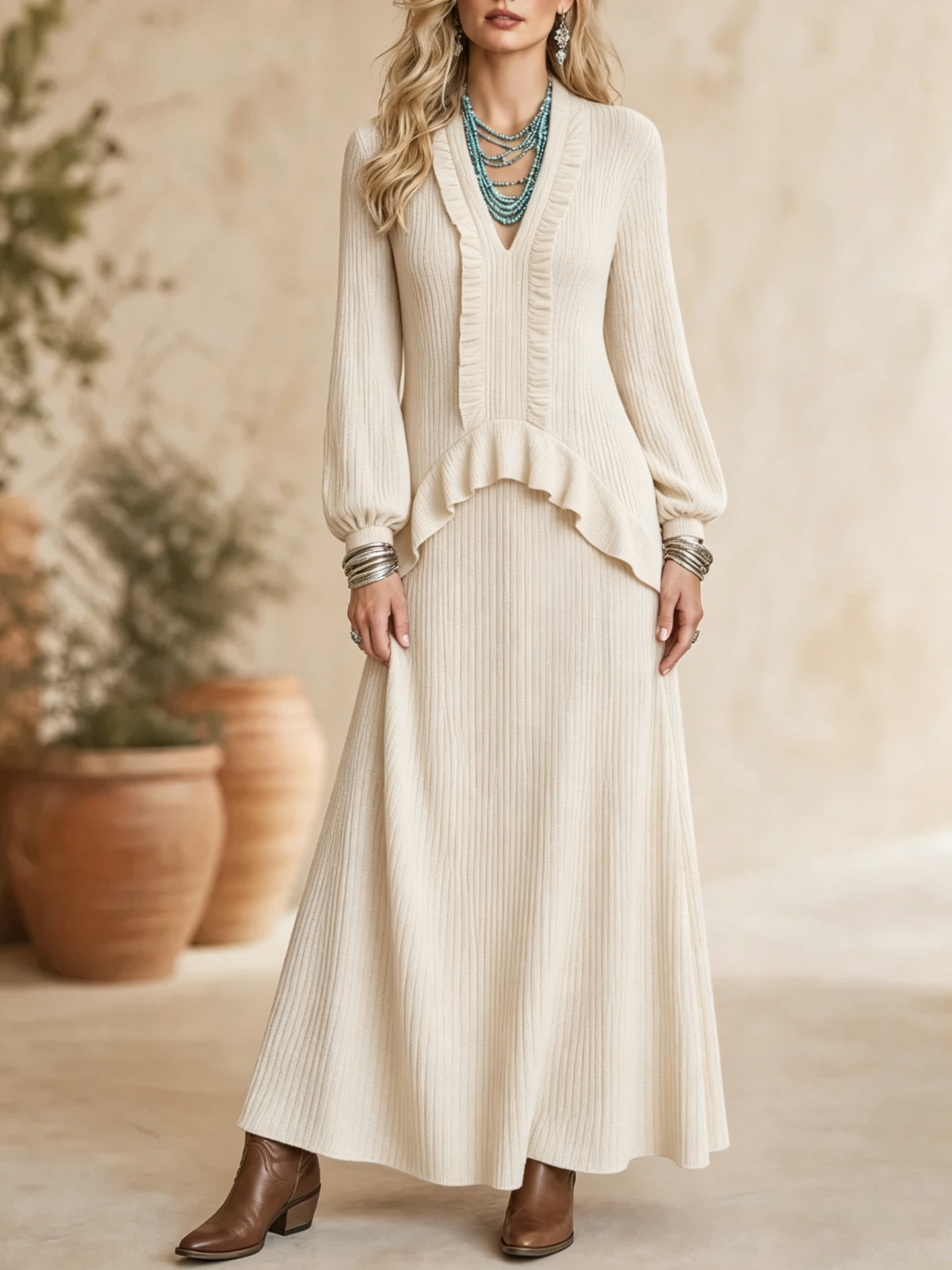 V-Neck Pleated Ruffle Lantern Sleeve Loose Long Dress