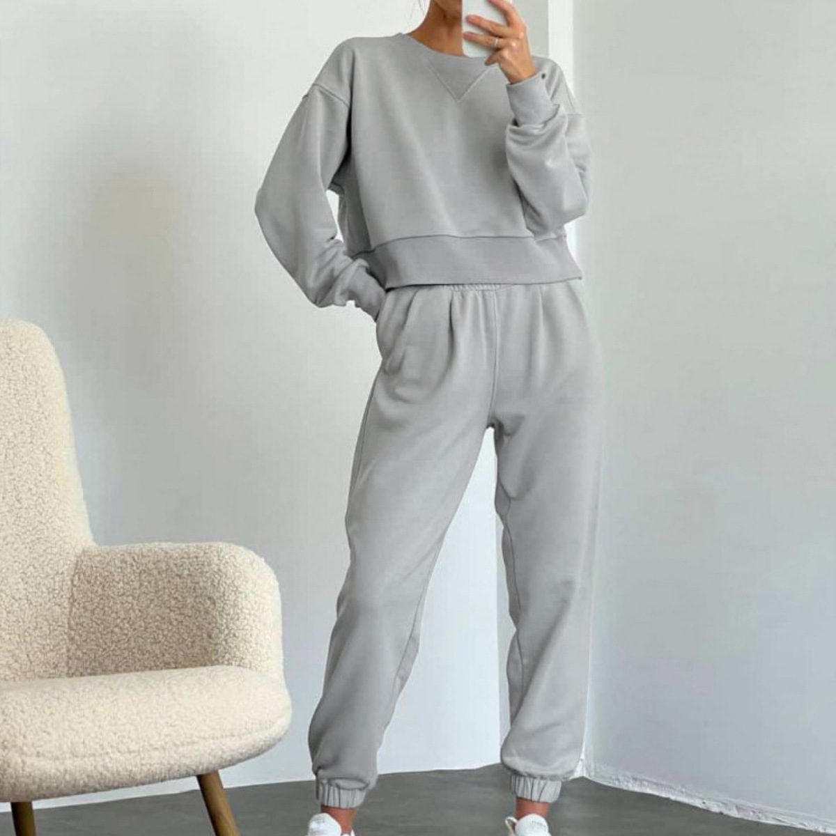 Women's Solid Color Long Sleeve Two-Piece Pants Set Casual