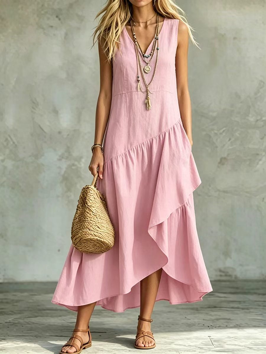 Women's Sleeveless V-Neck A-Line Maxi Dress Loose Fit Boho