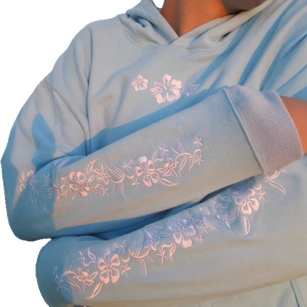 Floral Embroidered Hooded Pullover Sweatshirt Long Sleeve Loose Fit