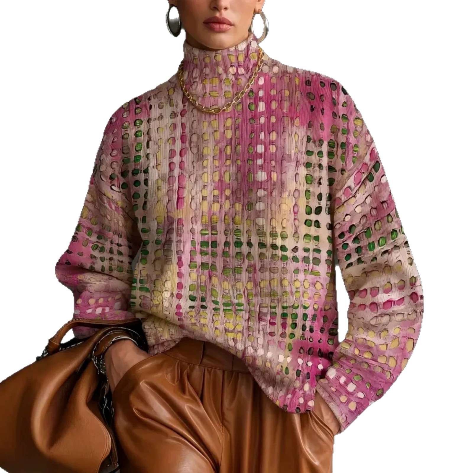 Women's Floral Polka Dot Print Turtleneck Casual Sweater