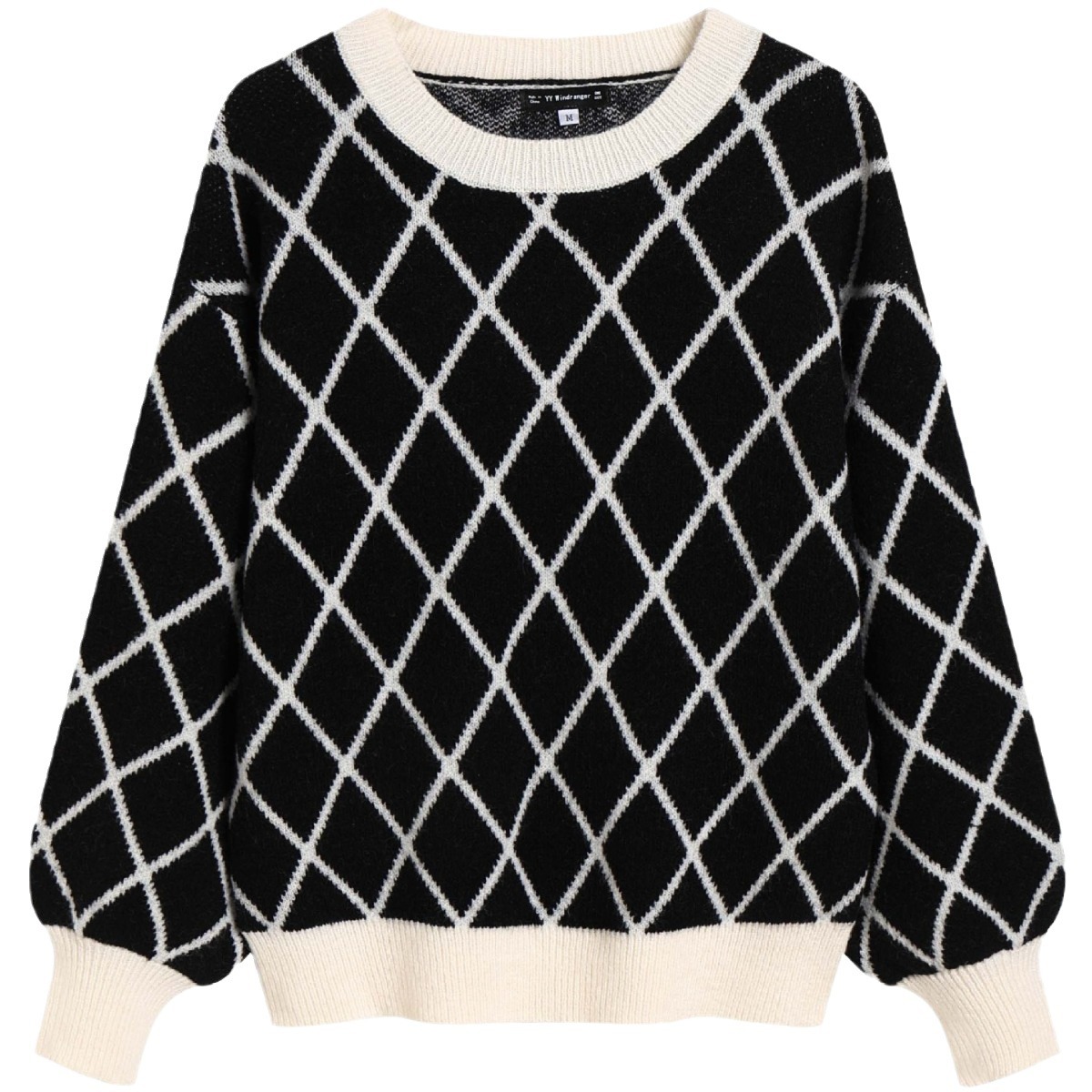 Black & White Checkered Crewneck Jacquard Sweater