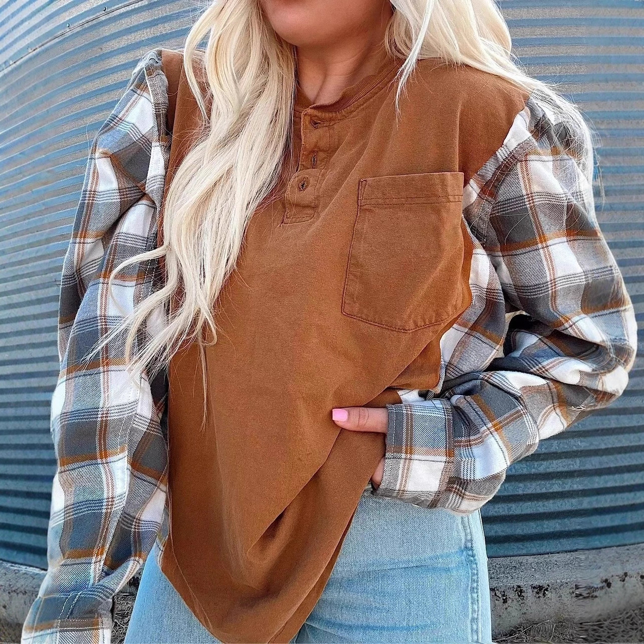 Women's Casual Half-Open Collar Plaid Spliced Sweatshirt