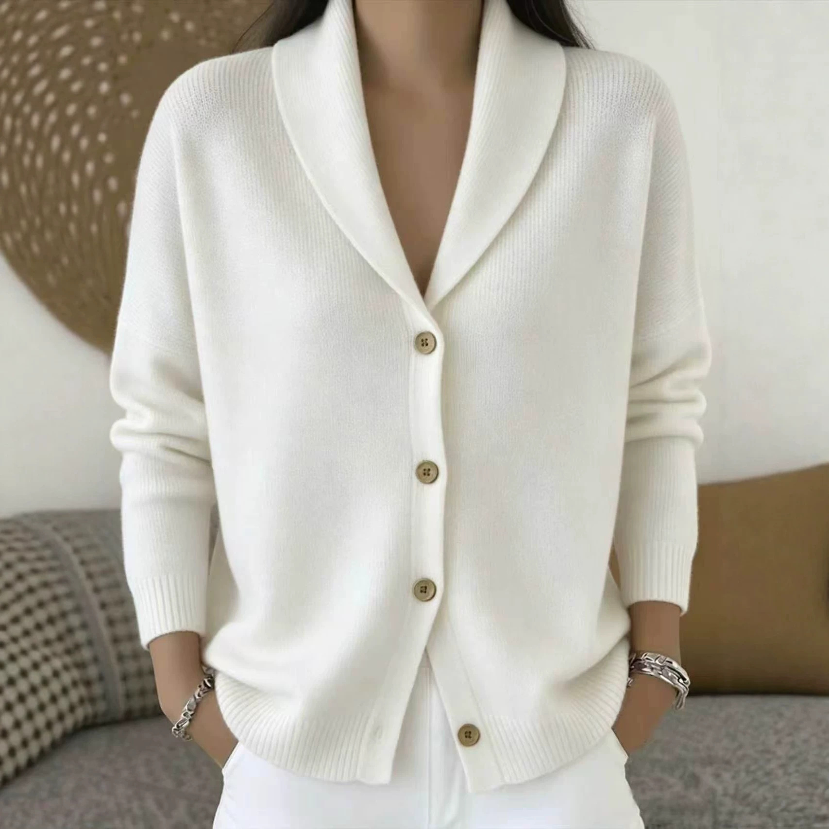 Button-Up Knit Collared Cardigan Sweater Coat Solid Color Women's