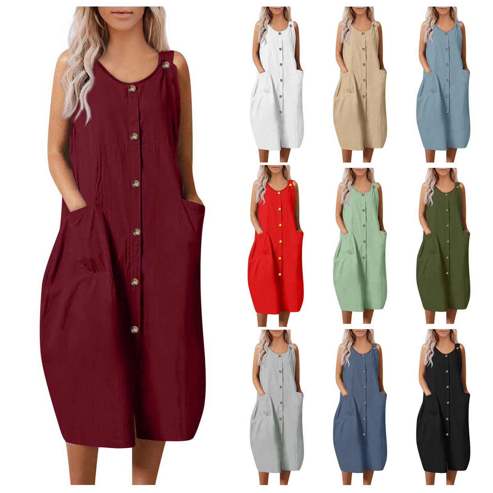 Women's Solid Color Loose Casual Button-Front Strap Dress Long
