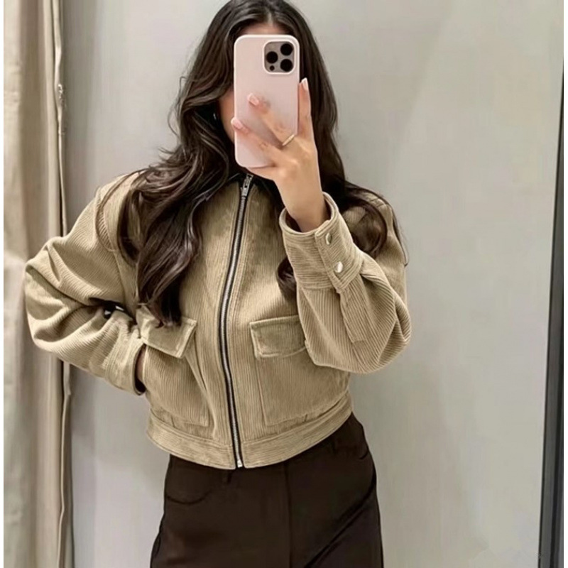 Corduroy Paneled Faux Leather Collar Jacket Women's Casual